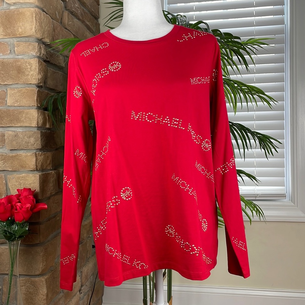 MICHAL KORS ~ Cotton Embellished-Logo Top ~ Crimson ~ NWT!